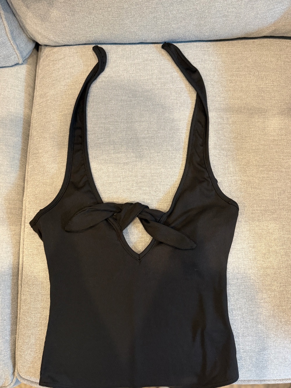 Blue Blush Black Ribbed Tie-Front Bodysuit